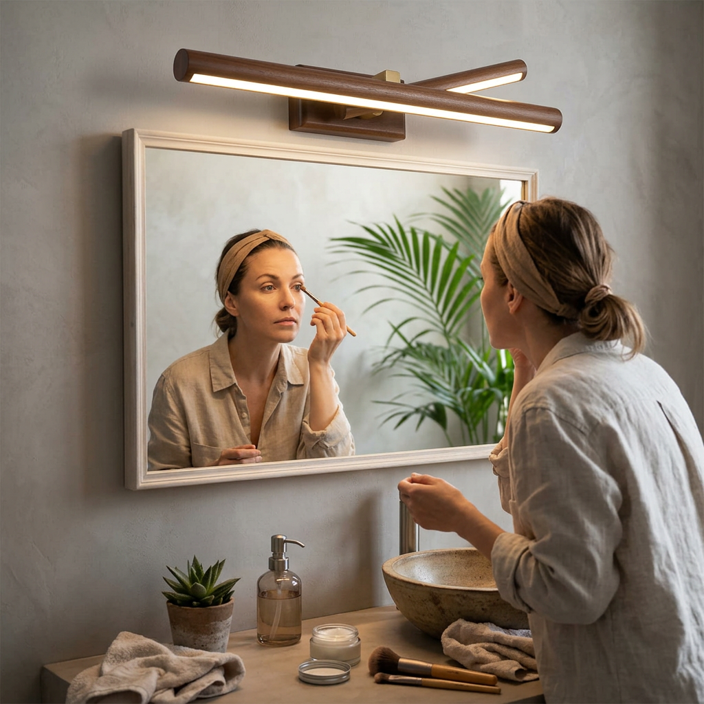 Nordic Minimalist Beechwood Copper Cylinder LED Bathroom Vanity Mirror Front Wall Sconce Lamp