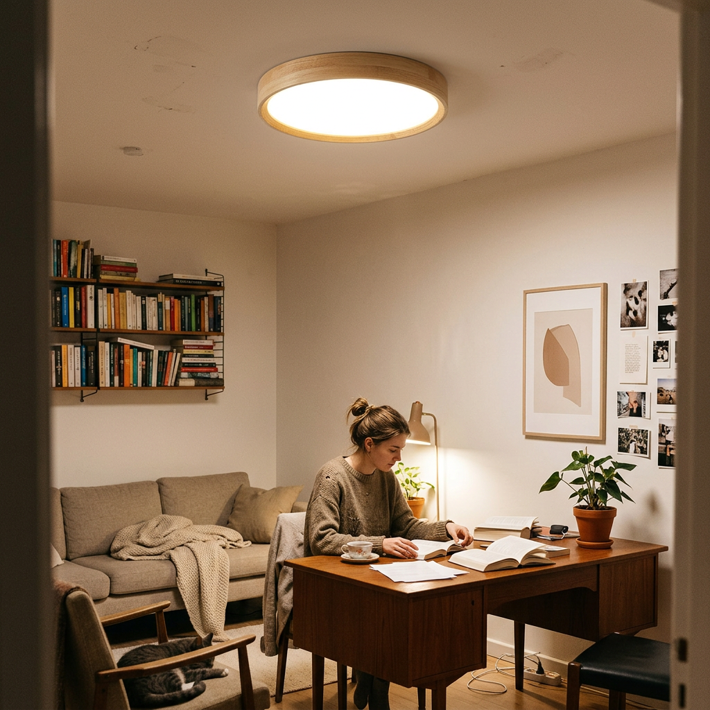 Modern Simple Wood Grain Round Iron LED Flush Mount Ceiling Light