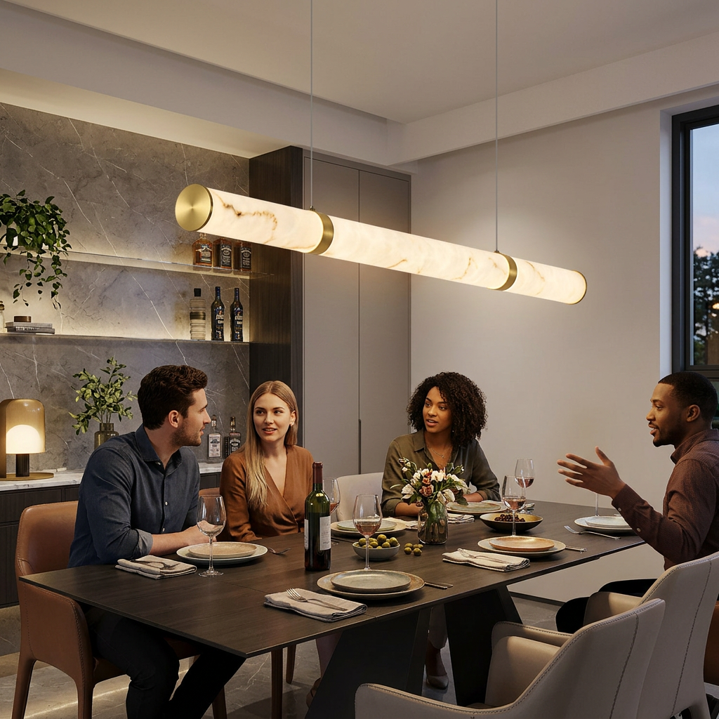 Modern Luxury Cylinder Long Textured Iron Faux Dolomite LED Pendant Light Island Light