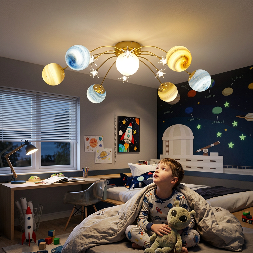 Contemporary Nordic Kids Iron Glass Ball Earth Planet 13-Light Semi-Flush Mount Ceiling Light For Bedroom