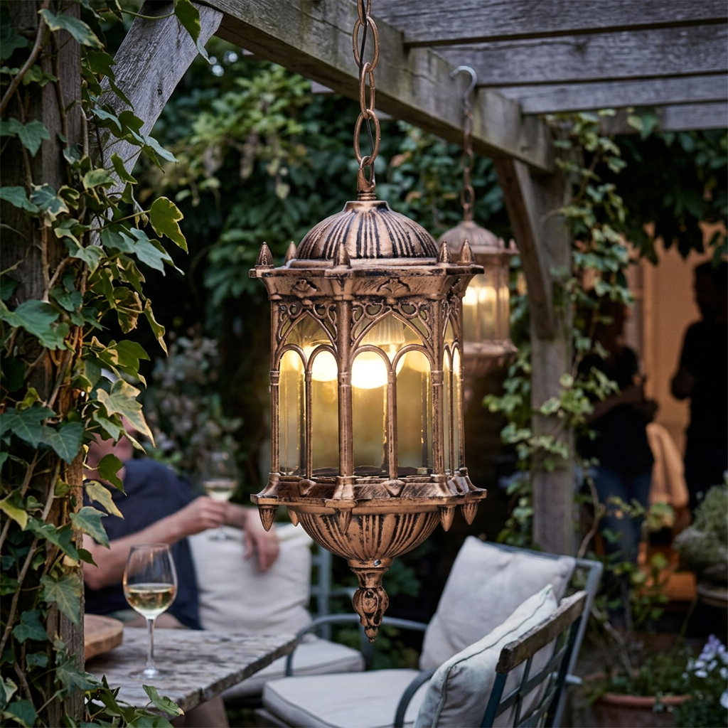Traditional Vintage Waterproof Hexagonal Column Palace Aluminum Acrylic 1-Light Pendant Light For Outdoor Patio