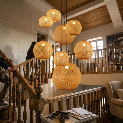 Bamboo Weaving Round Ball Beige 1-Light Japanese Pendant Light