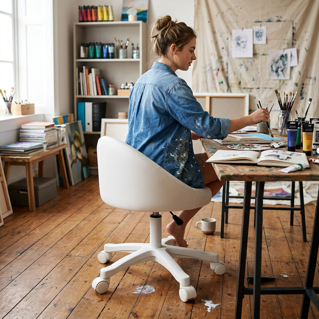 Contemporary Scandinavian Round Microfiber Leather PP Movable Height-Adjustable Vanity Stool For Bedroom