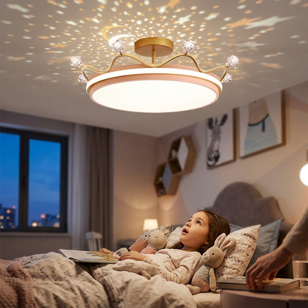 Contemporary Creative Kids Crown Iron Acrylic LED Semi-Flush Mount Ceiling Light For Bedroom