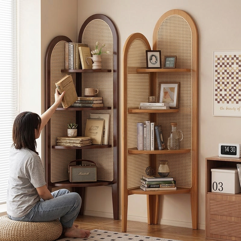 Traditional Chinese Fan-shaped Curved Nan Bamboo Rattan Weaving Corner Shelf Unit 4-Tier For Living Room