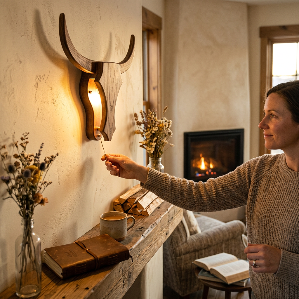 Traditional Rustic Solid Wood Cow Head LED Wall Sconce Lamp For Hallway