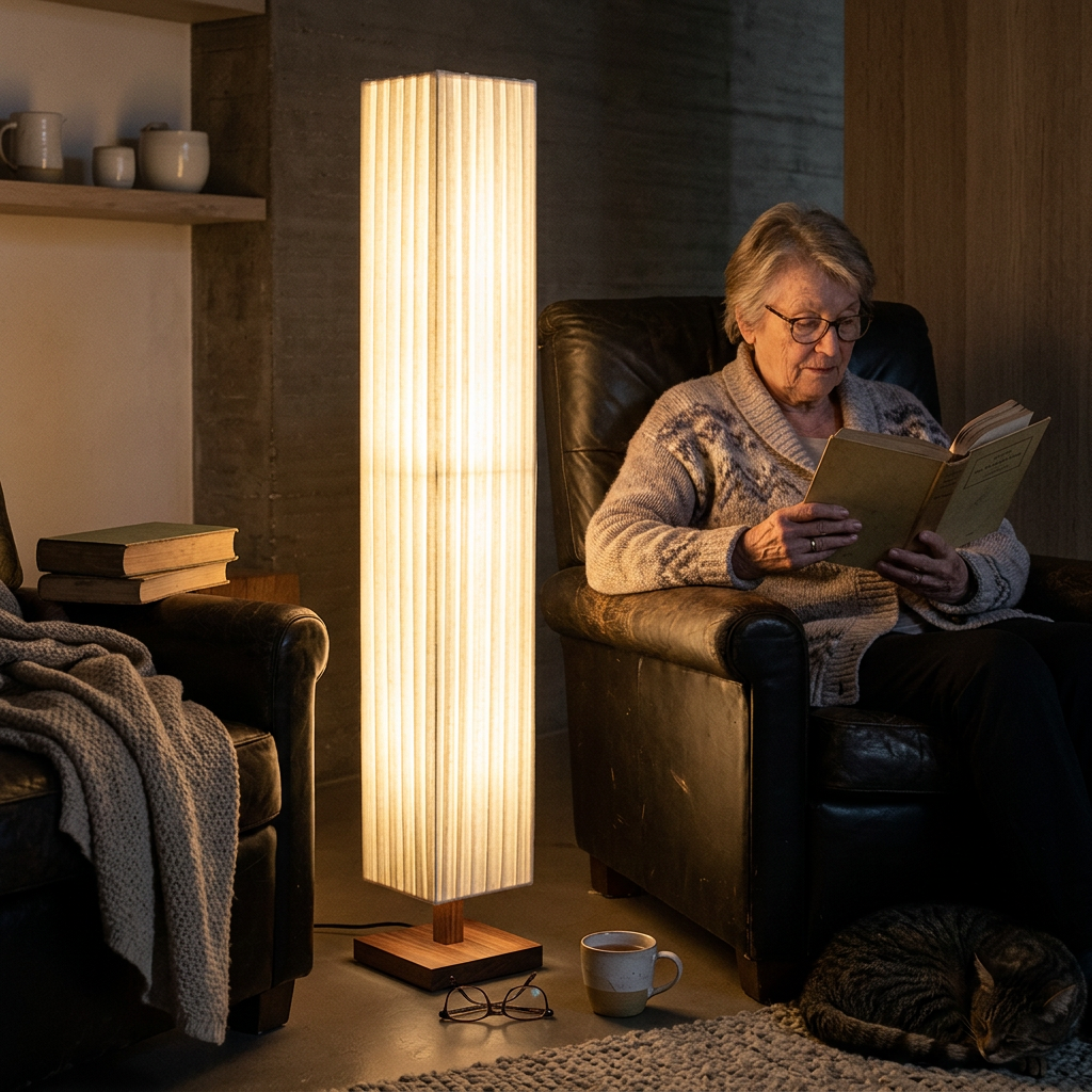 Traditional Japanese Column Rectangular Walnut Fabric LED Standing Floor Lamp For Living Room