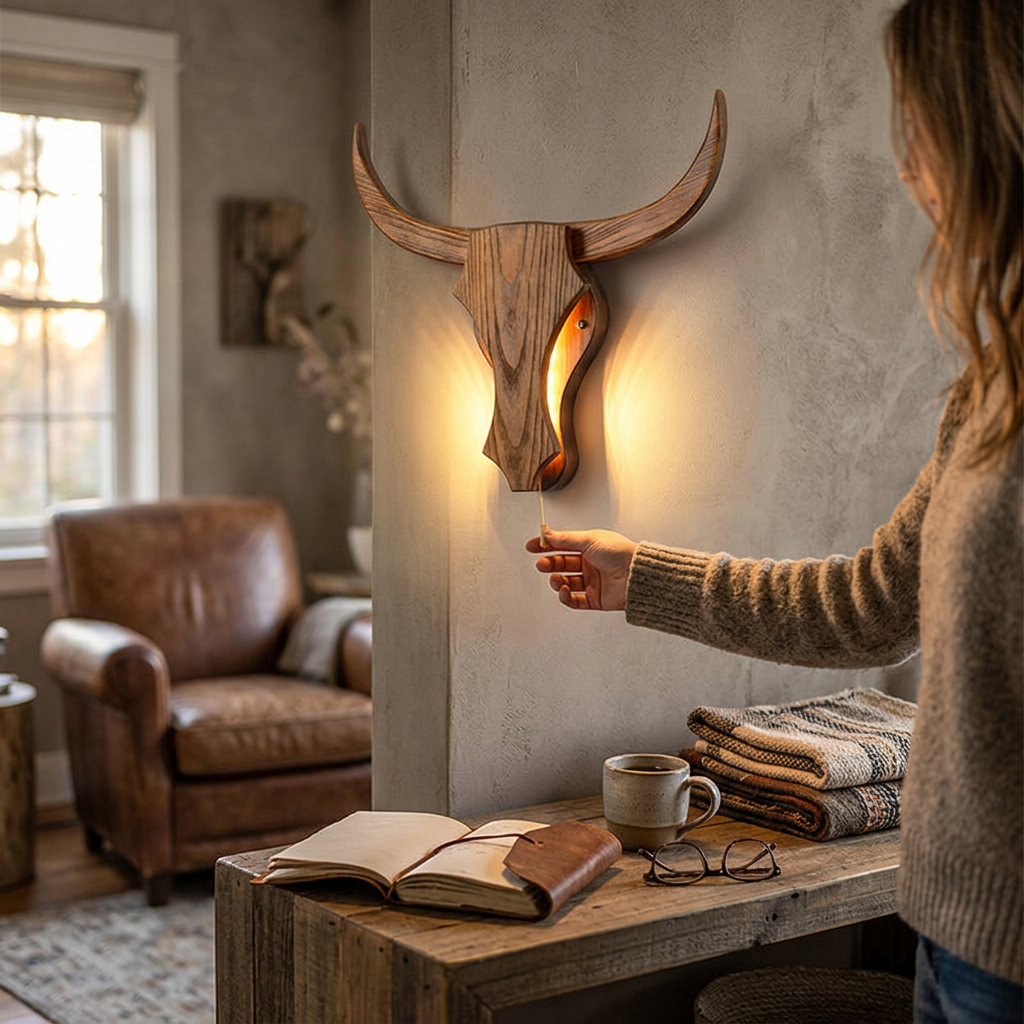 Traditional Rustic Solid Wood Cow Head LED Wall Sconce Lamp For Hallway