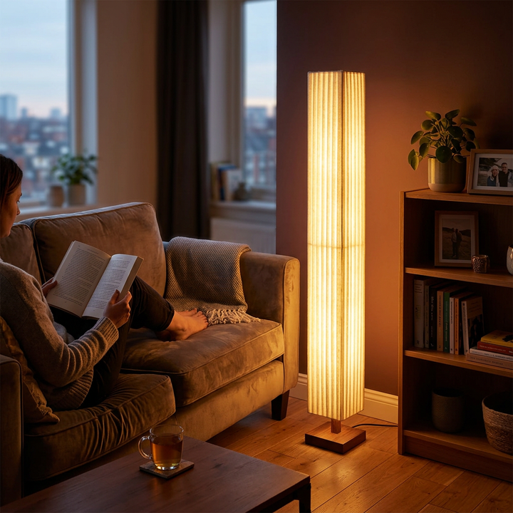 Traditional Japanese Column Rectangular Walnut Fabric LED Standing Floor Lamp For Living Room