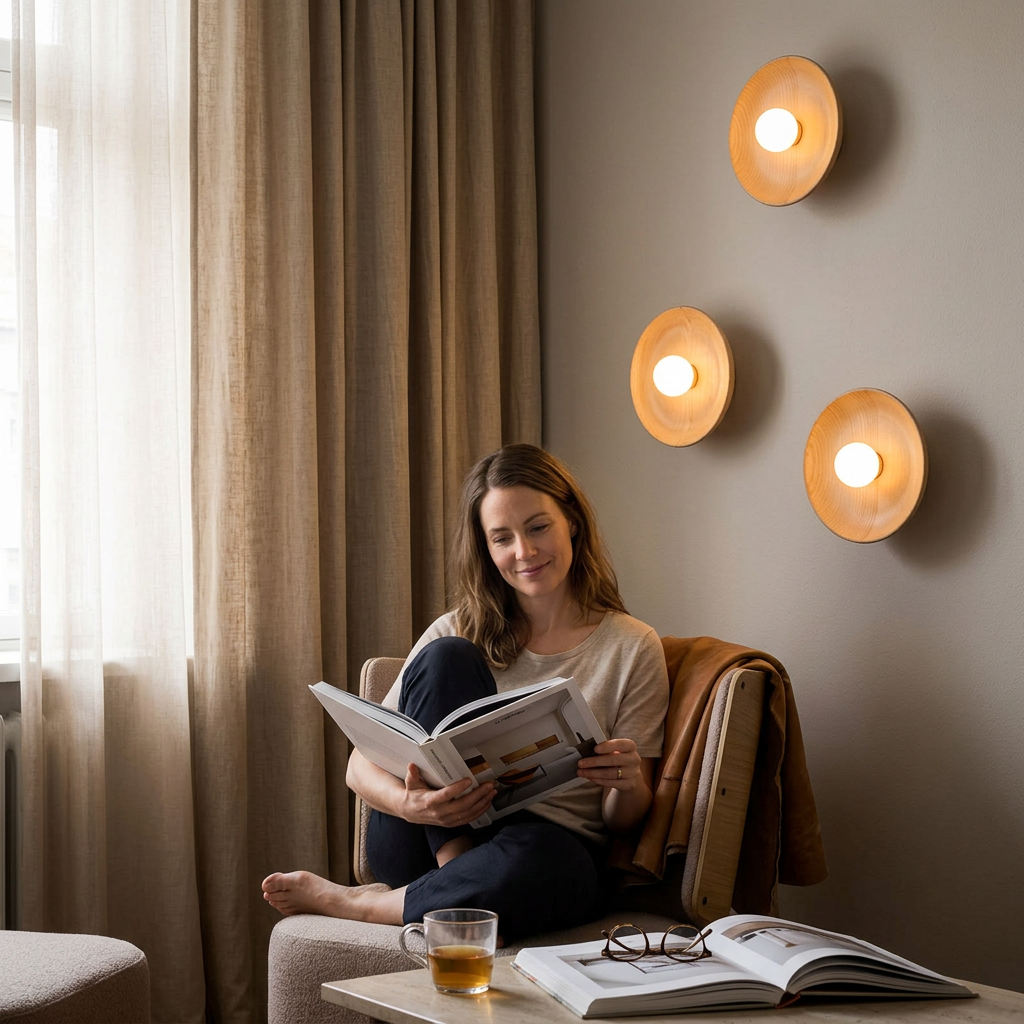 Modern Minimalist Round Disc Solid Wood 1-Light Wall Sconce Lamp