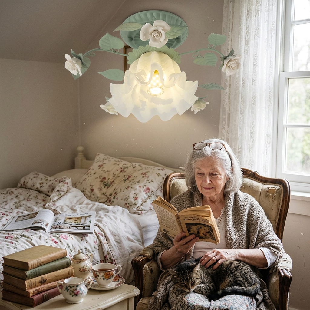 Traditional French Bellflower Leaf Iron Ceramic Glass Shade 1-Light Semi-Flush Mount Ceiling Light For Living Room