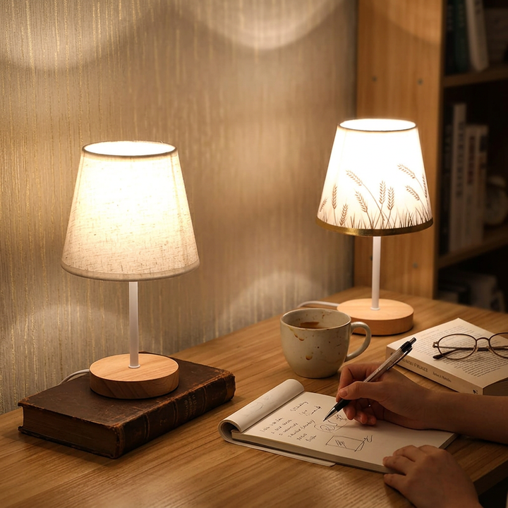 Contemporary Nordic Solid Wood Fabric Cone LED Table Lamp For Living Room and Bedroom