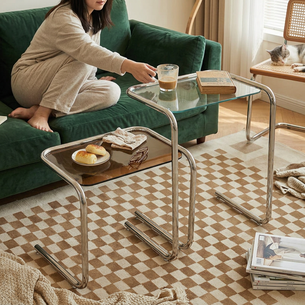 Modern Minimalist Rectangular Tempered Glass Iron Side Table 1-Tier For Living Room