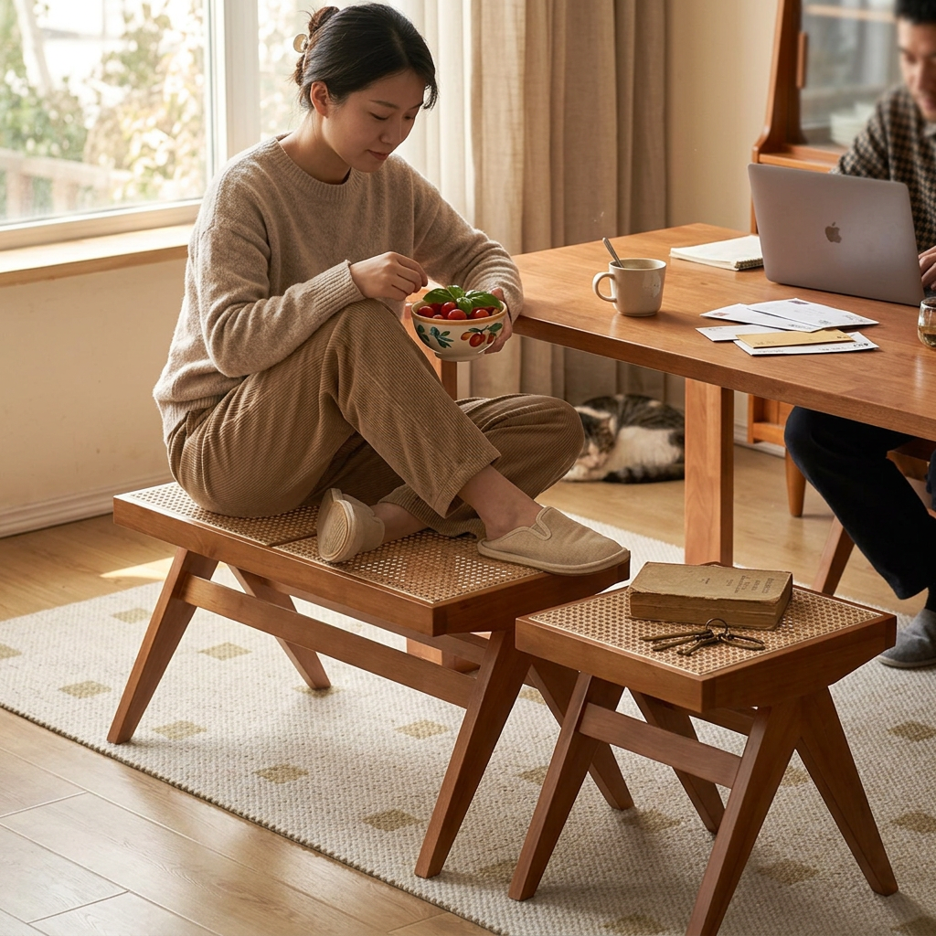 Traditional Japanese Rubber Wood And Rattan Rectangular V-Leg Bench