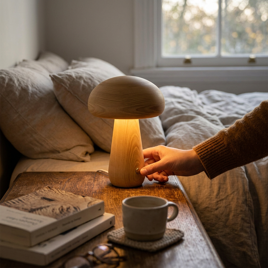 Contemporary Scandinavian Rechargeable Solid Wood Mushroom LED Table Lamp Night Light