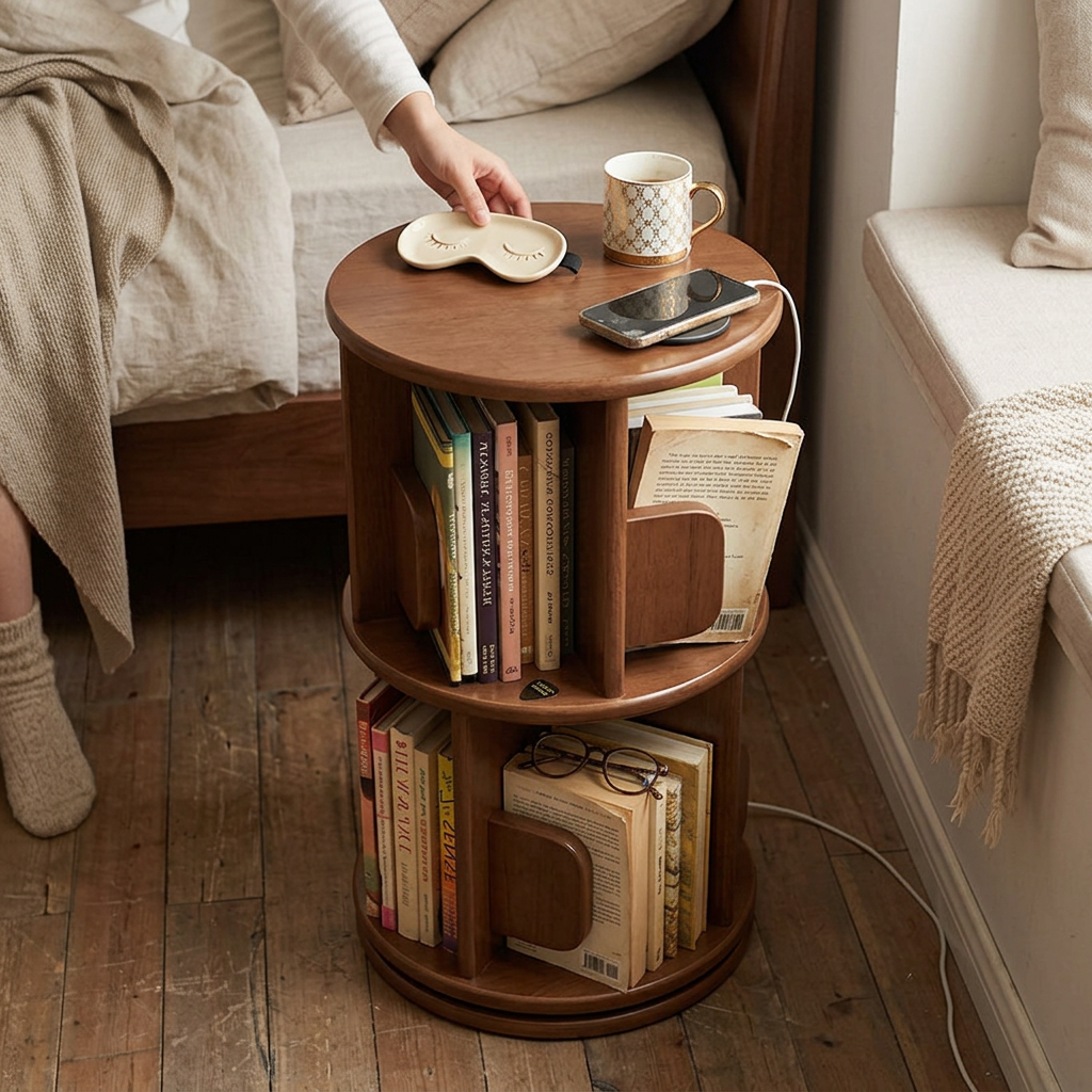 Modern Minimalist Solid Wood Round Cylinder Rotating Bookshelf