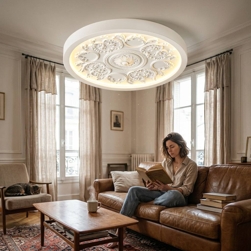Traditional French Resin Iron Acrylic Round Engraved Flower LED Flush Mount Ceiling Light