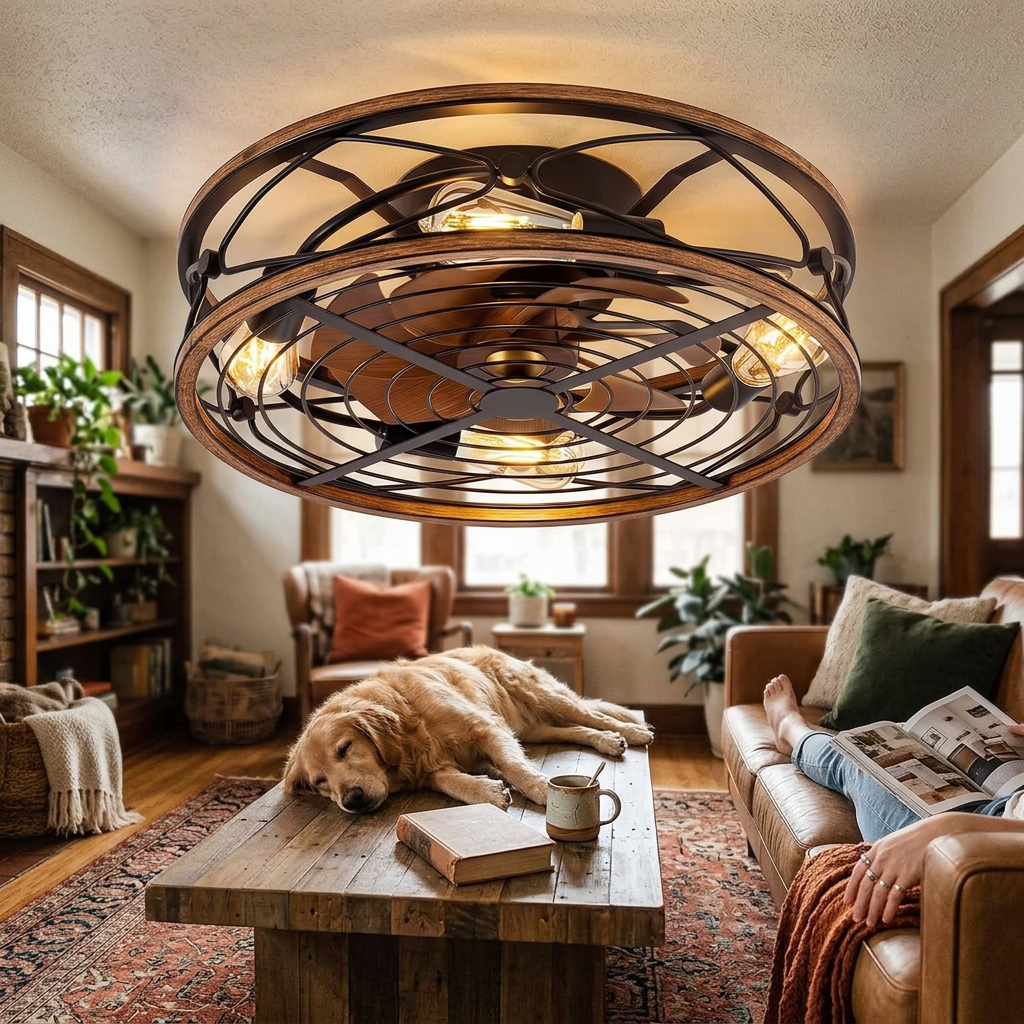 Nordic Industrial Wrought Iron Cylinder 4-Light Flush Mount Ceiling Invisible Fan Light