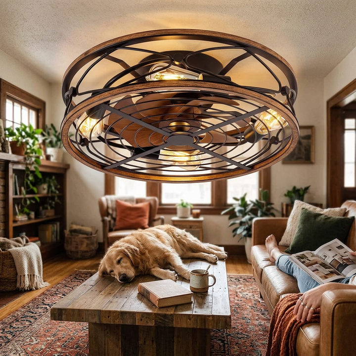 Nordic Industrial Wrought Iron Cylinder 4-Light Flush Mount Ceiling Invisible Fan Light