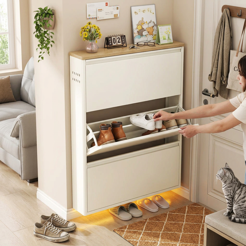 Modern Minimalist Steel Slim Rectangular Shoe Storage With Flip Drawers