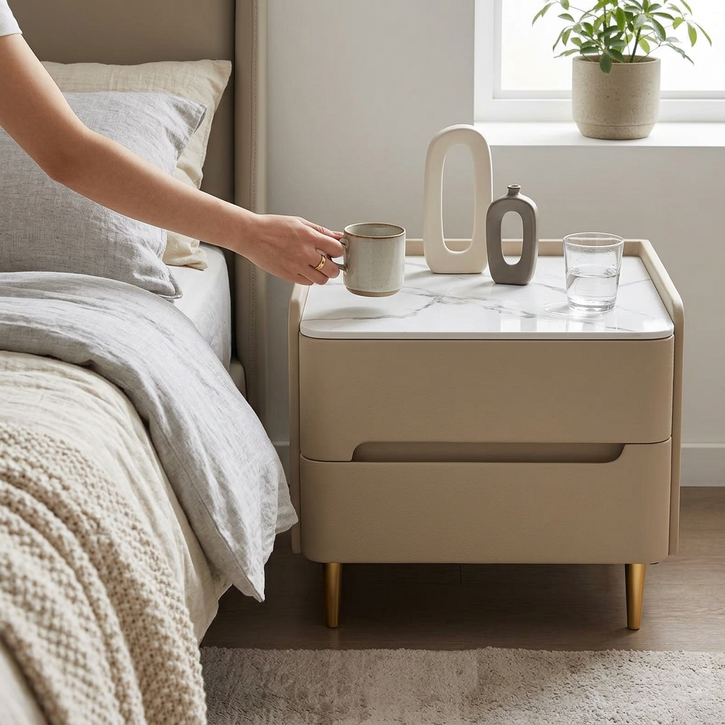 Contemporary Scandinavian Sintered Stone Nightstand With 2 Drawers