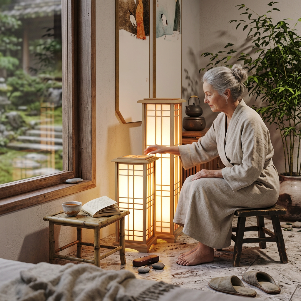 Traditional Japanese Wood Acrylic Pillar Rectangular Standing Floor Lamp