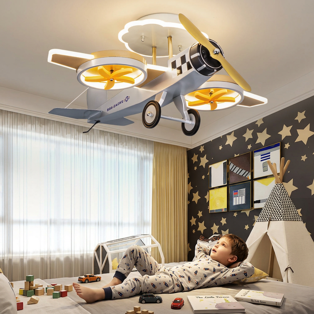 Creative Cartoon Airplane Iron Acrylic LED Kids Semi-Flush Mount Ceiling Light