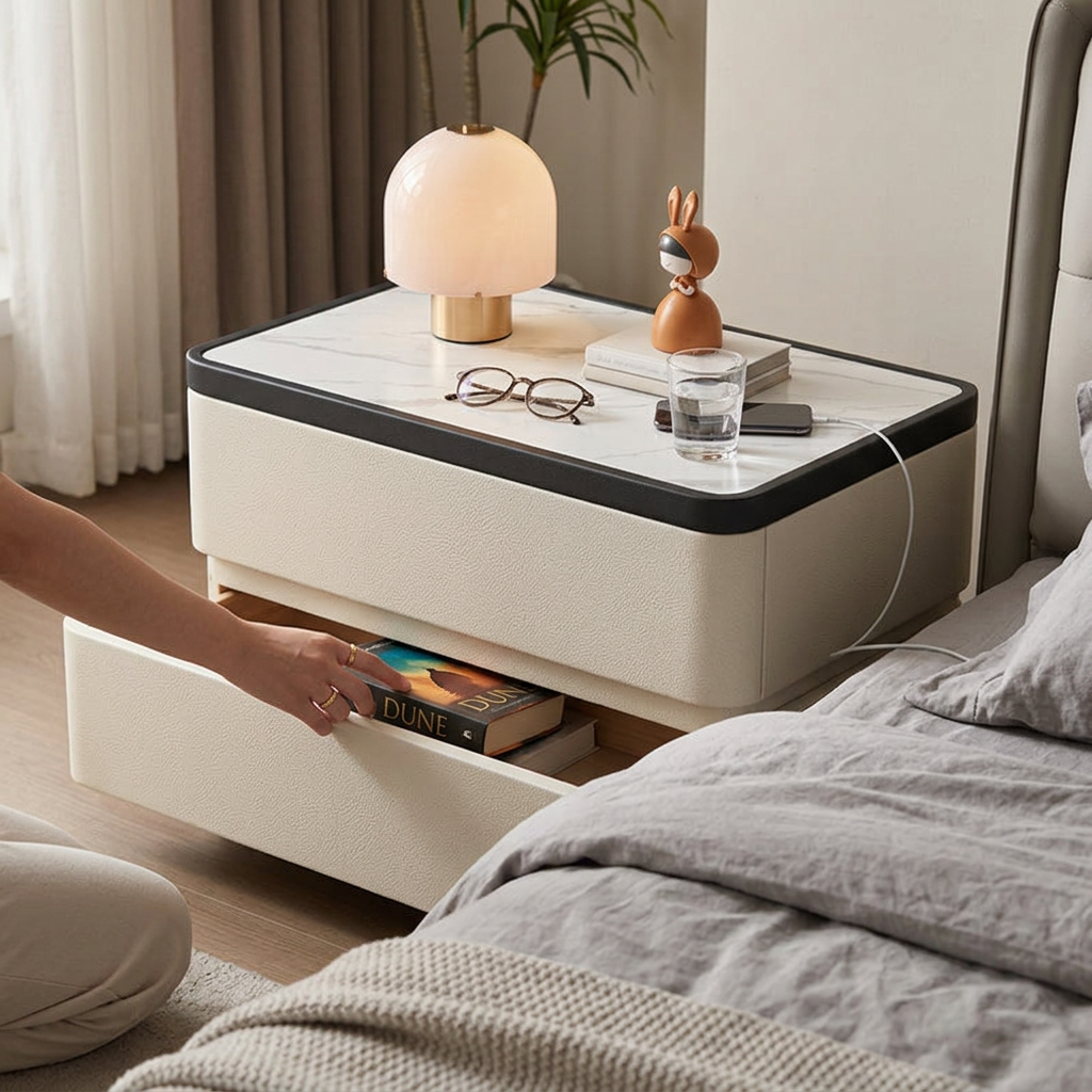 Modern Minimalist Rectangular Stone Slab Solid Wood Nightstand 2-Drawer