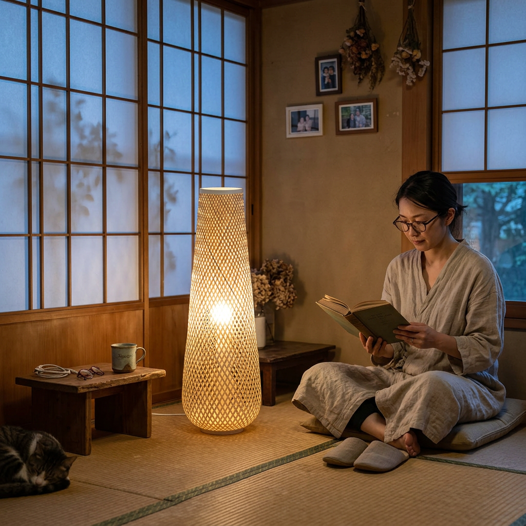 Modern Bamboo Weaving Column 1-Light LED Standing Floor Lamp