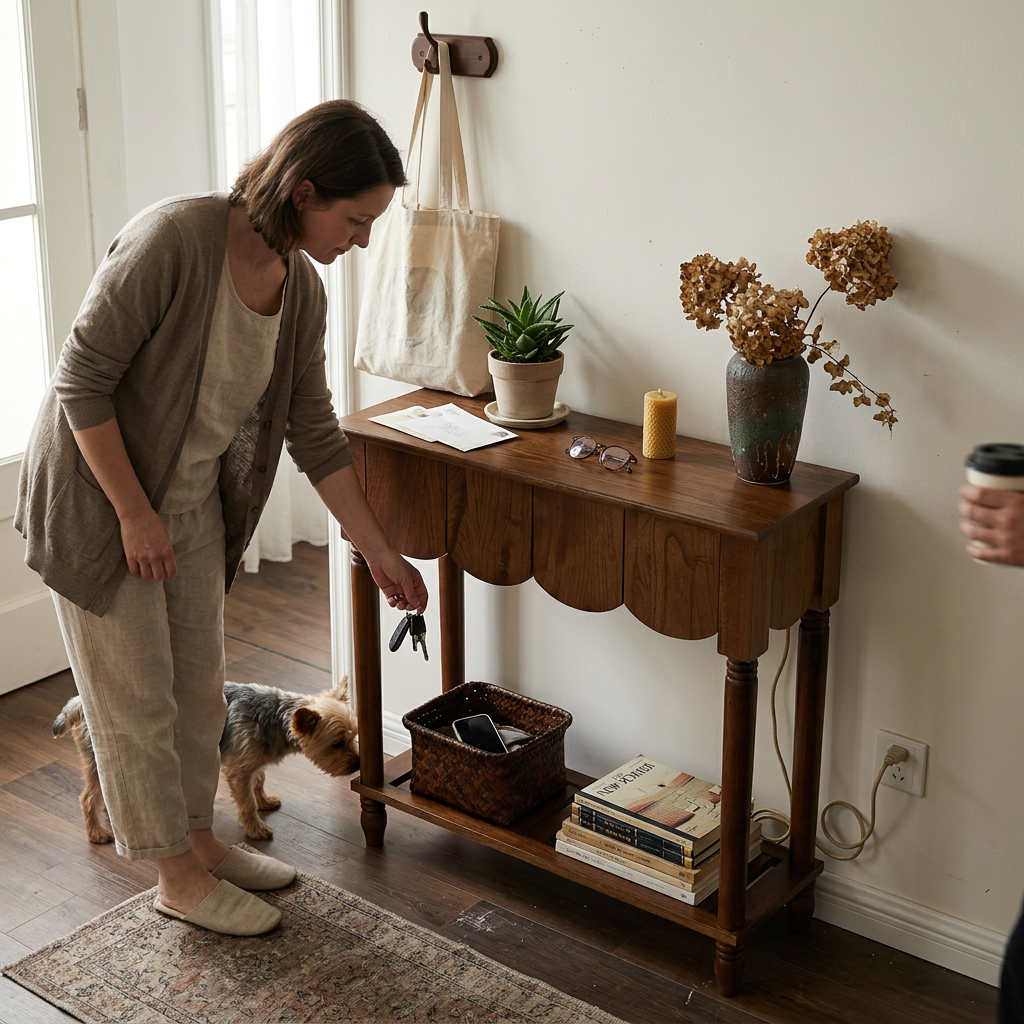 Modern Mid-Century Wavy-Edge Rectangular Solid Wood Console Table For Entryway