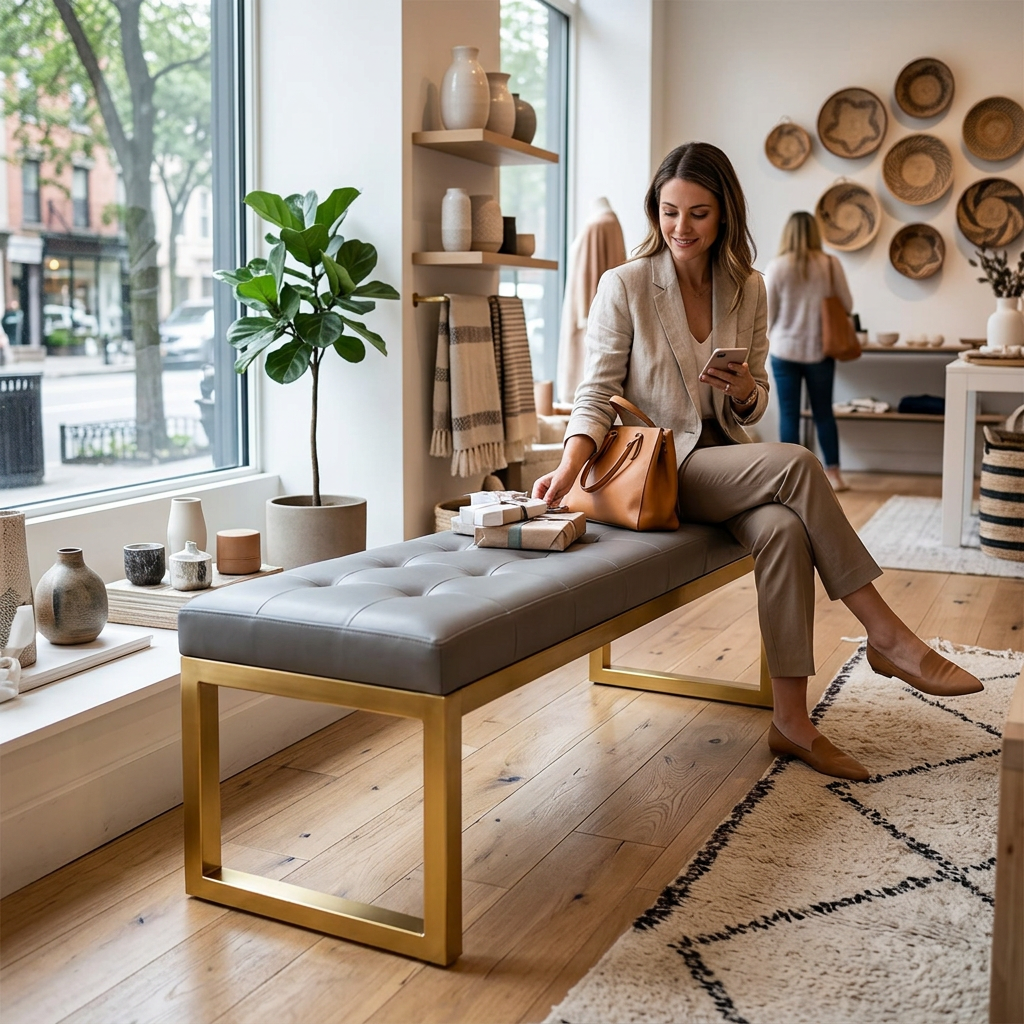 Modern Minimalist Rectangular Cat Scratch Leather Steel Bench For Entryways