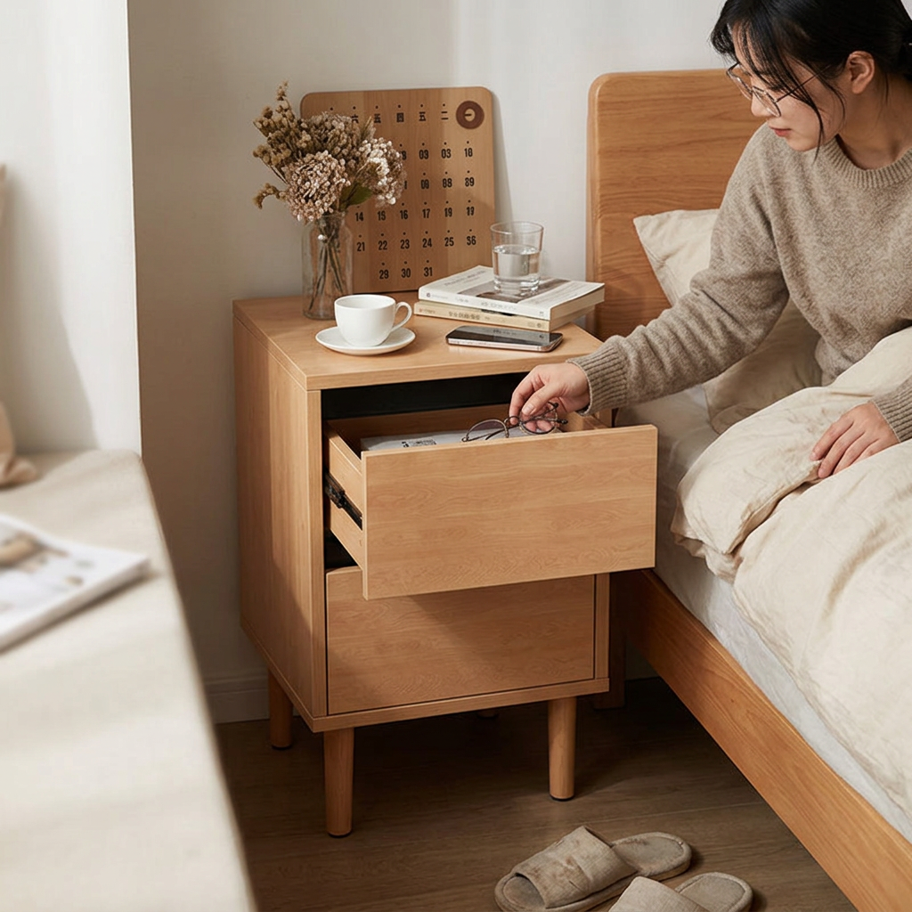 Modern Minimalist Rectangular High-Leg Design Solid Wood Eco-Board Nightstand 2-Drawer