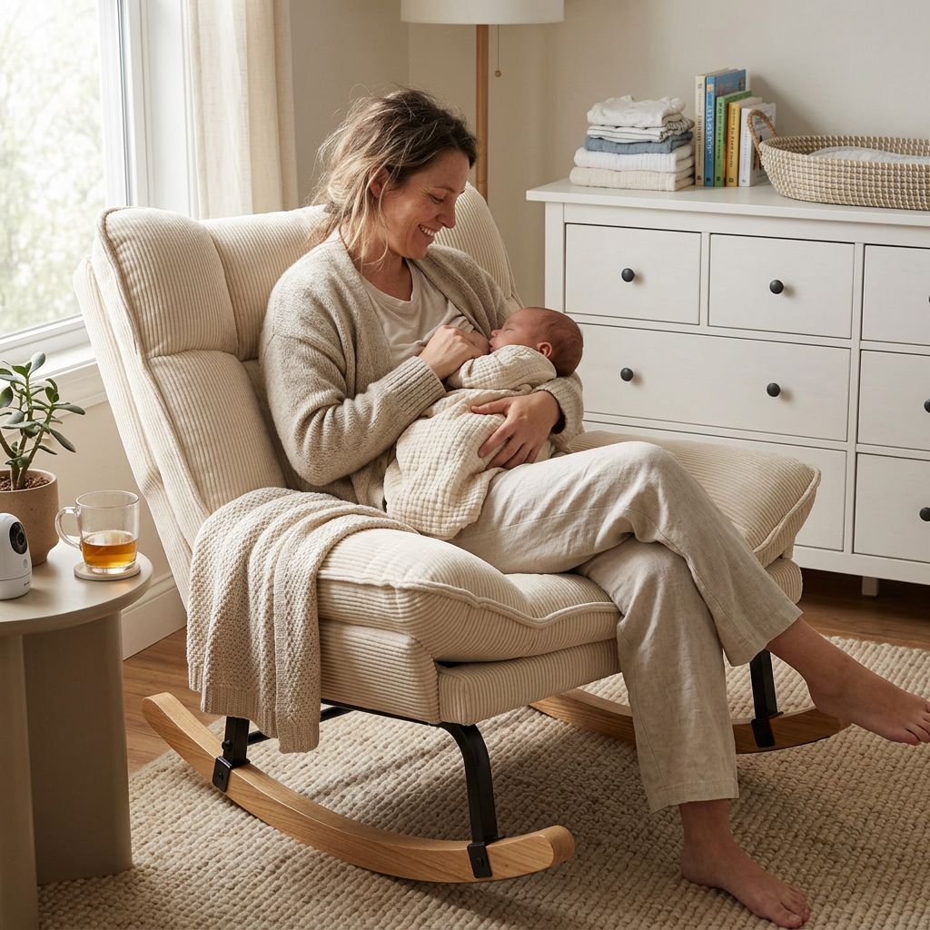 Contemporary Nordic Rectangular Rubberwood Iron Corduroy Detachable Rocking Chair