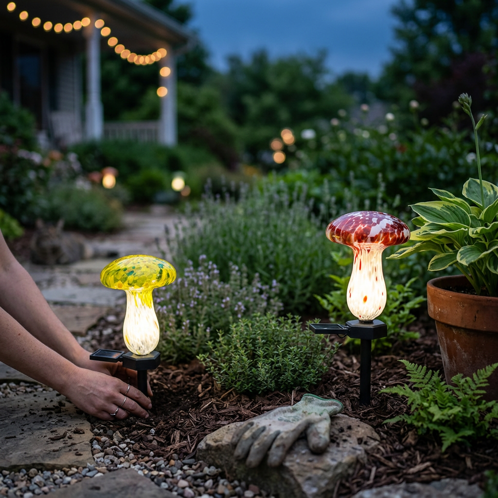 Contemporary Creative Colorful Mushroom Glass Shape LED Solar Waterproof Lawn Insert Light For Garden