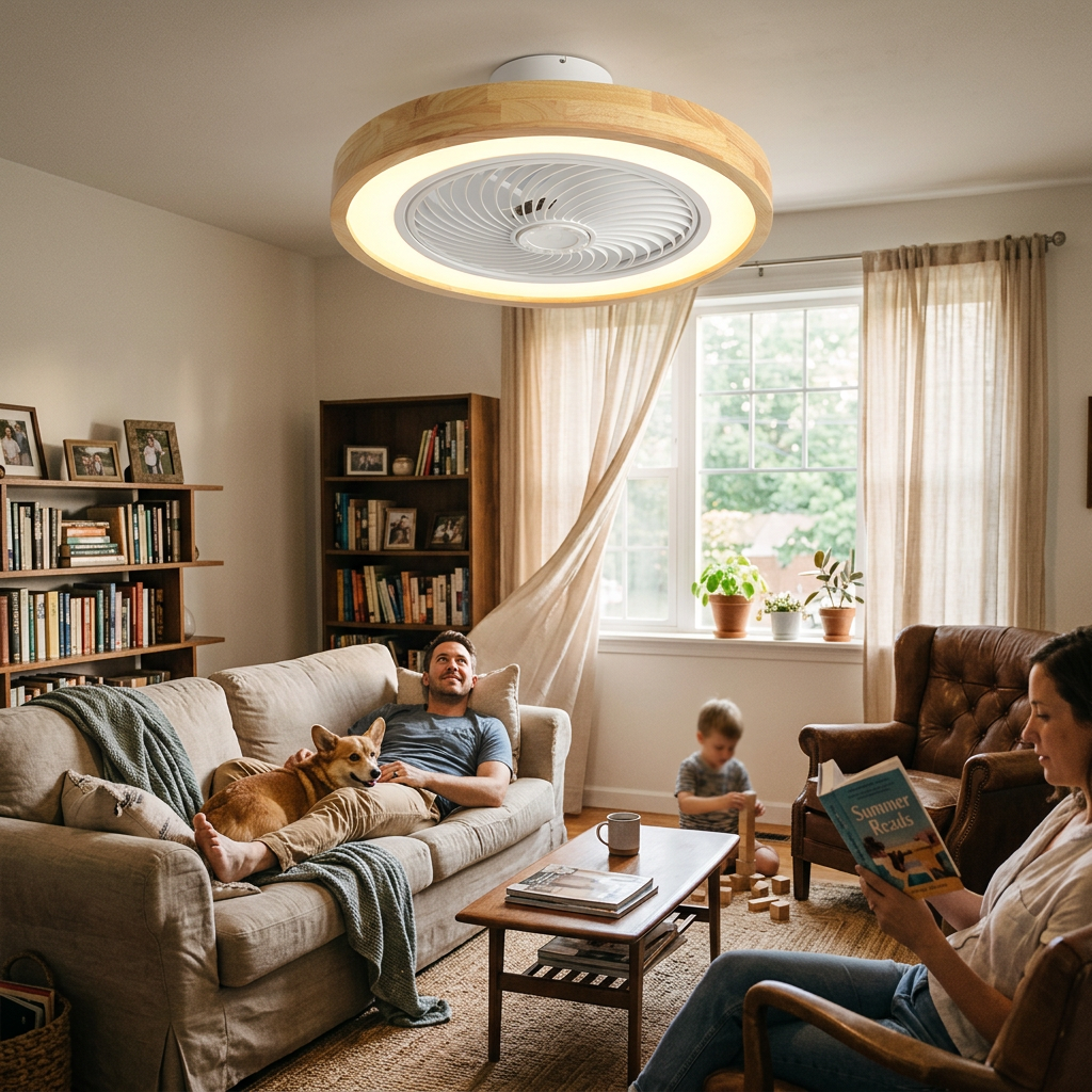 Modern Minimalist Wood Geometric LED Semi-Flush Mount Ceiling Fan Light