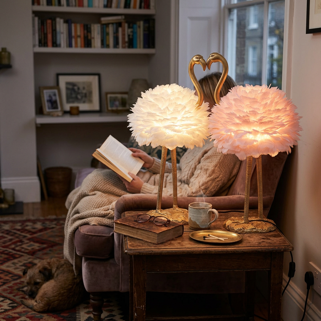 Contemporary Nordic Goose Feather Metal Flamingo Ball 1-Light Table Lamp