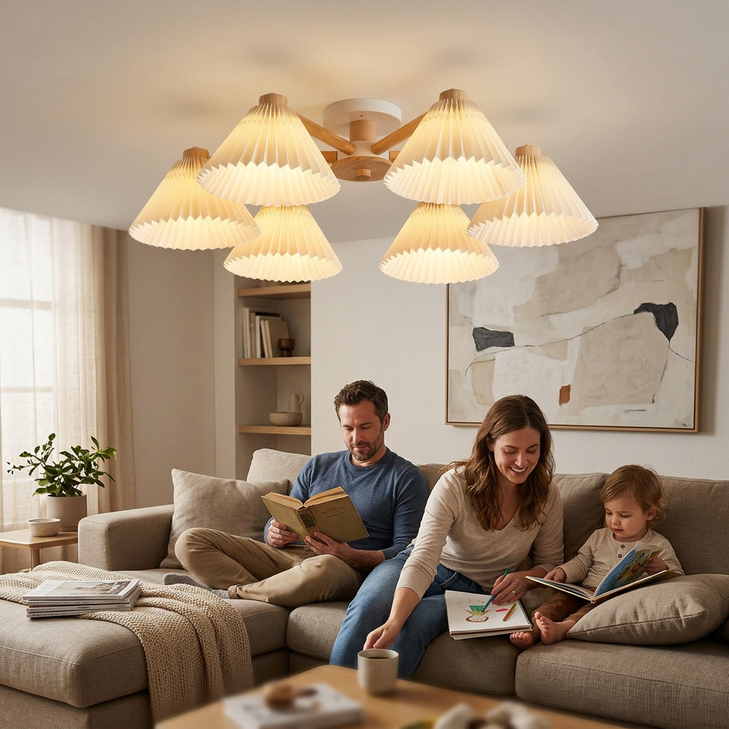 Nordic Wood Pleated Shade 3/6/8 Light Semi-Flush Mount Ceiling Light
