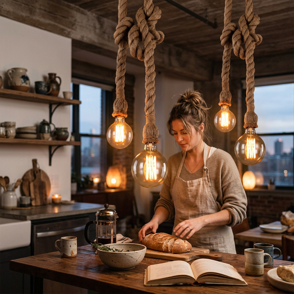Industrial Hemp Rope Hanging 1/2-Light Pendant Light
