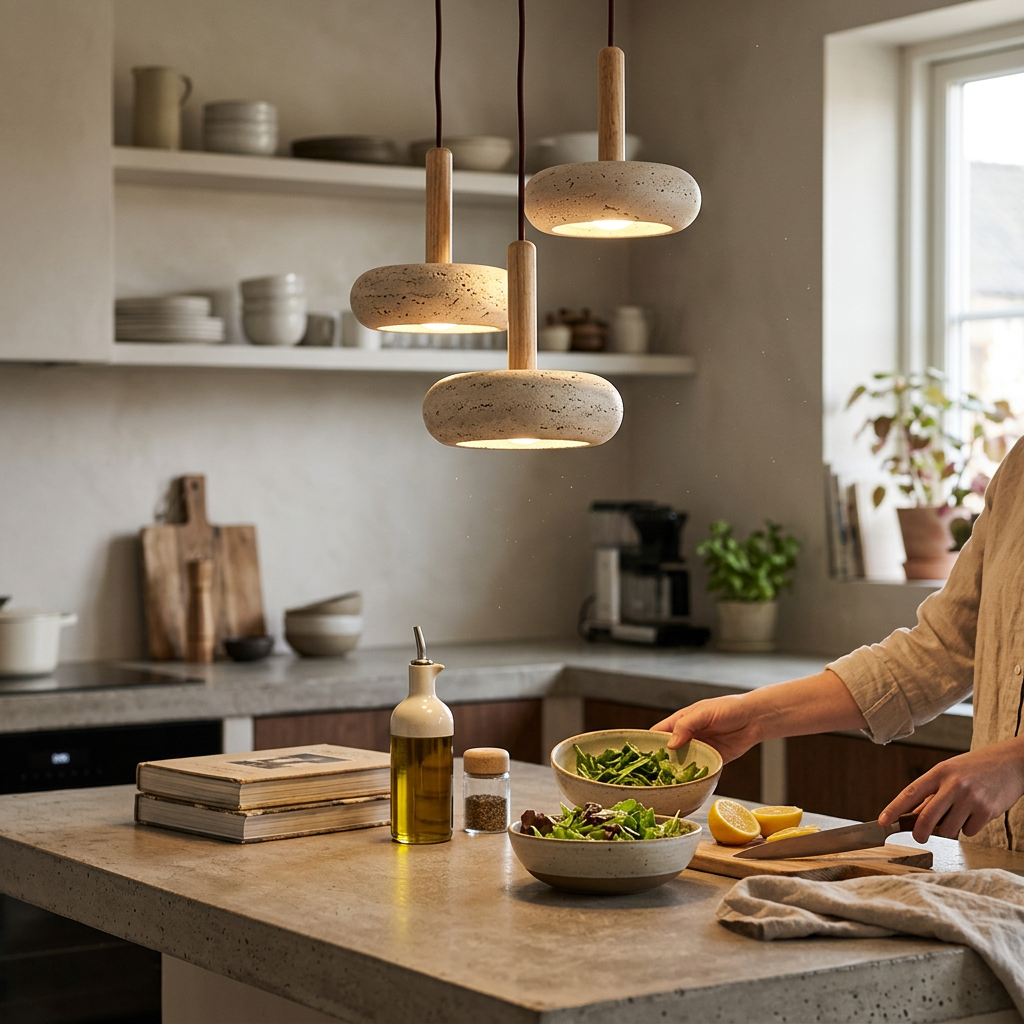 Traditional Japanese Round Wood Yellow Travertine LED Pendant Light For Bedroom