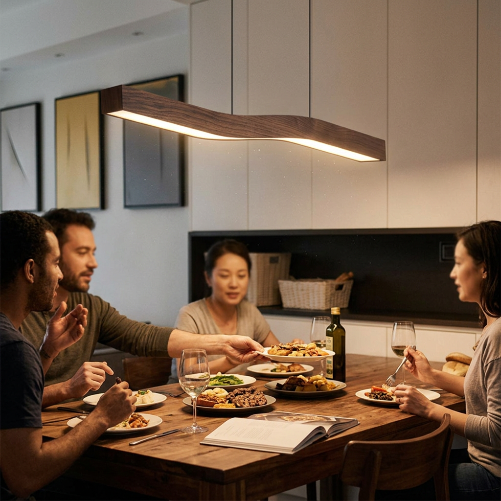 Modern Minimalist Rectangular Linear Wood Grain Iron LED Chandelier For Dining Room