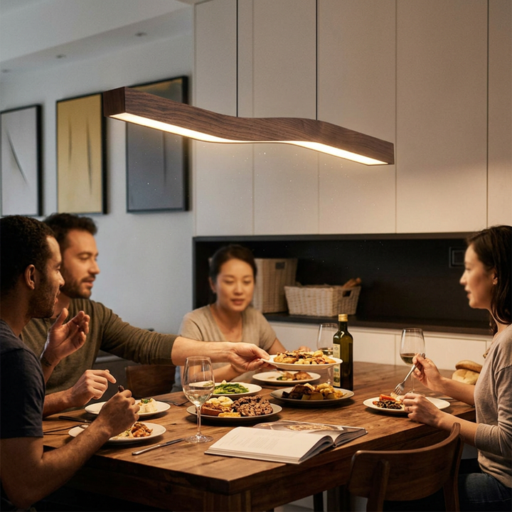 Modern Minimalist Rectangular Linear Wood Grain Iron LED Chandelier For Dining Room