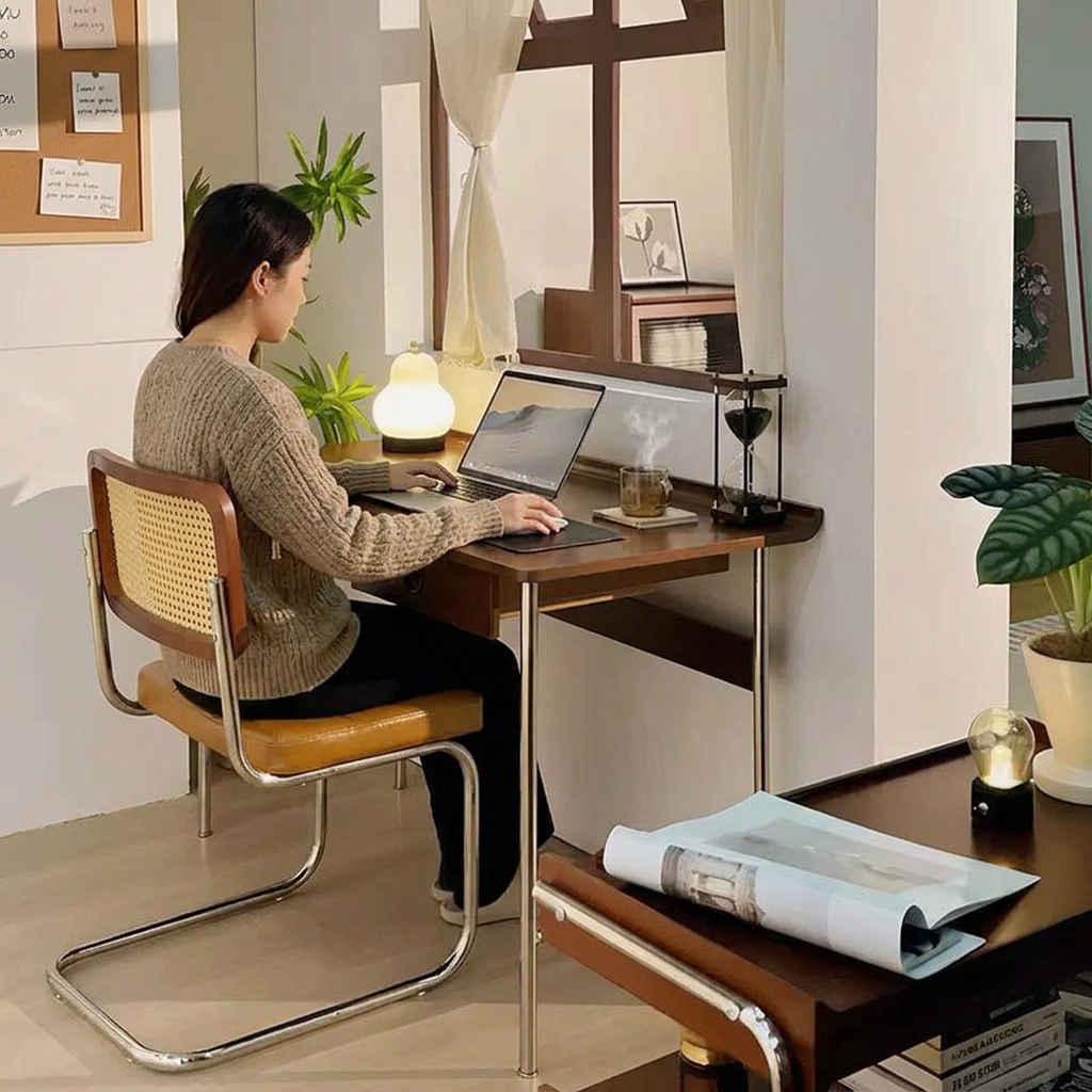 Modern Minimalist Rectangular Solid Wood Stainless Steel Desk 4-Leg 1-Drawer For Home Office
