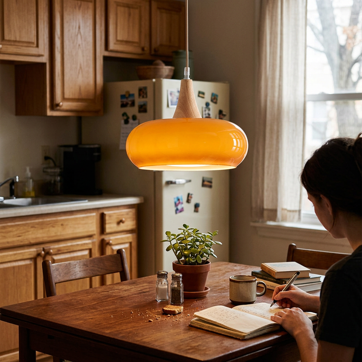 Contemporary Nordic Cream Persimmon Wood Glass 1-Light Pendant Light For Dining Room