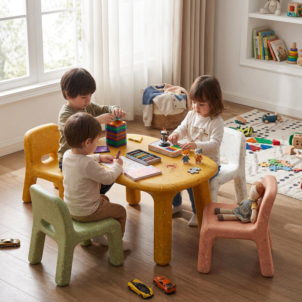 Contemporary Nordic PE Oval Kids Colorful Safe Desk and Chair Set For Living Room and Study
