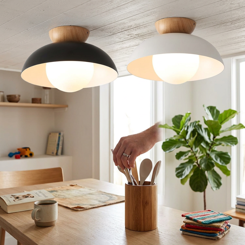 Modern Simple Wrought Iron Log Bowl-Shaped 1-Light Semi-Flush Mount Ceiling Light