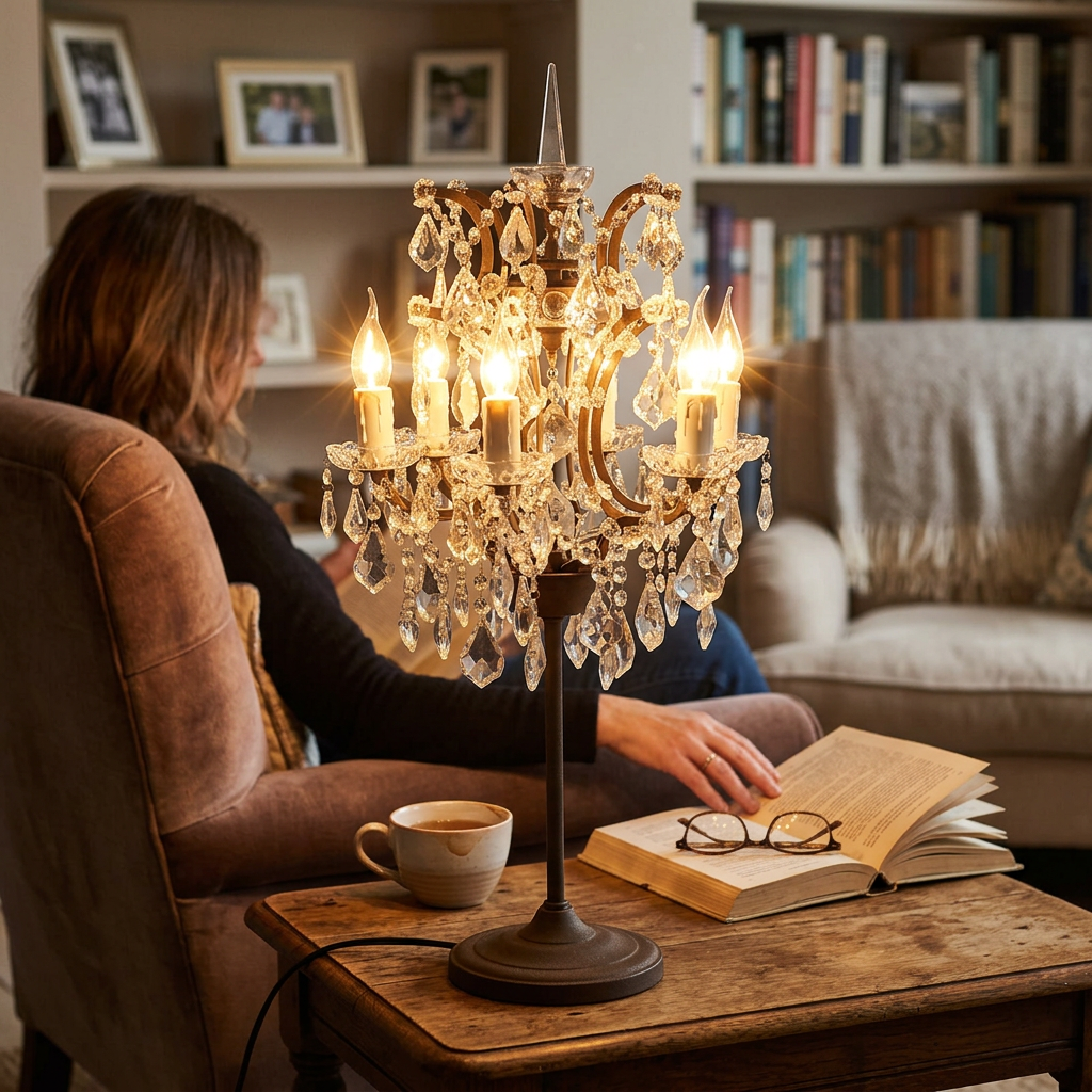 Traditional Vintage Crystal Candelabra Rust 6-Light Table Lamp For Living Room