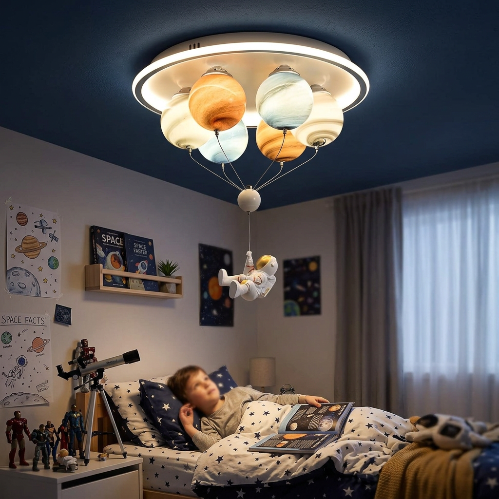 Kids Planet Space Hot Air Balloon Astronaut LED Semi-Flush Mount Ceiling Light