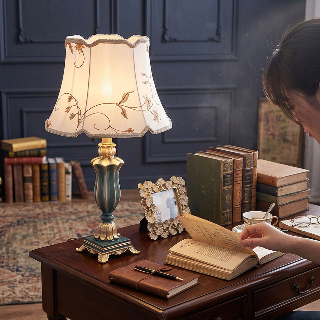 Round Fabric Resin Base Classical 1-Light Table Lamp
