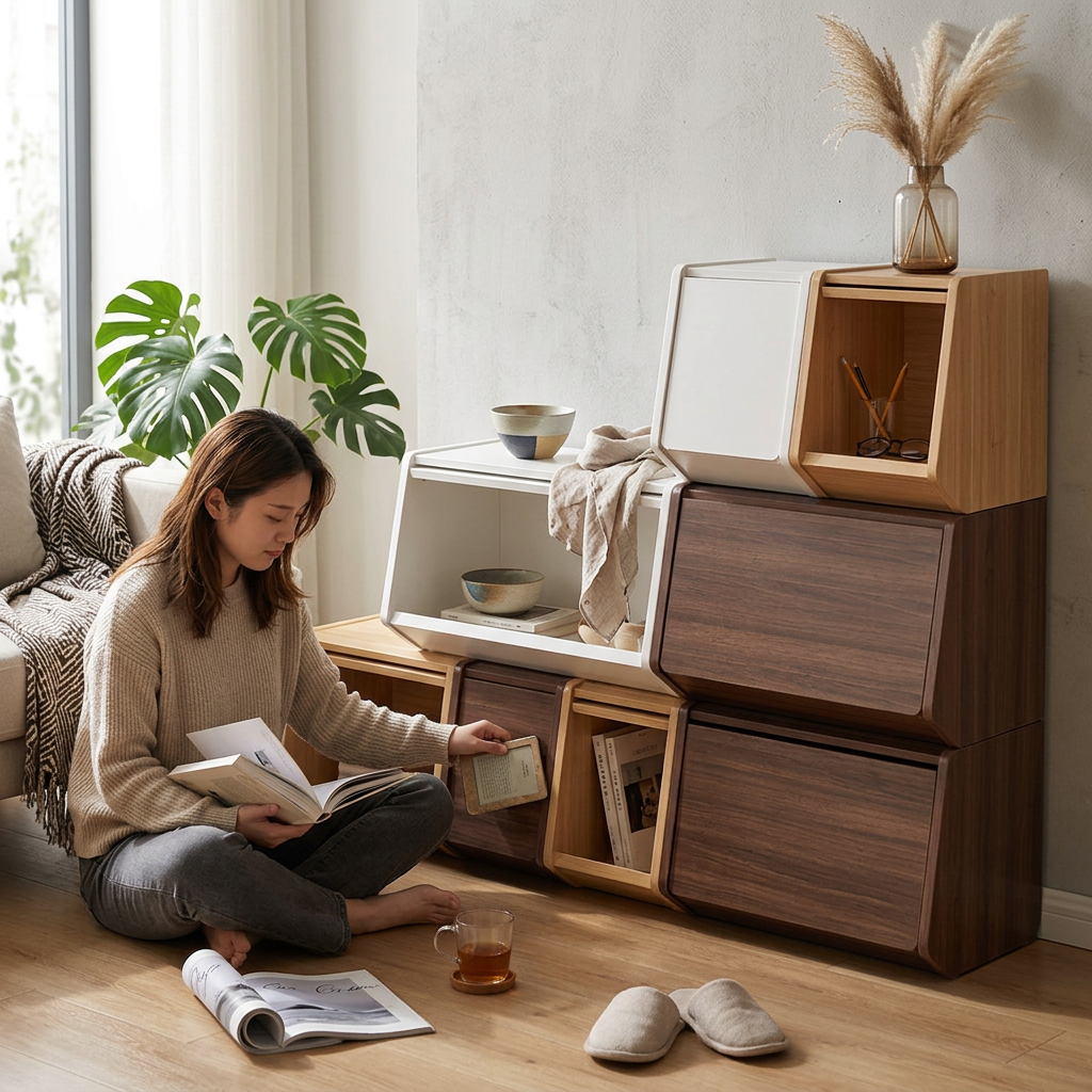 Contemporary Nordic MDF Modular Cube Storage Cabinet With Doors