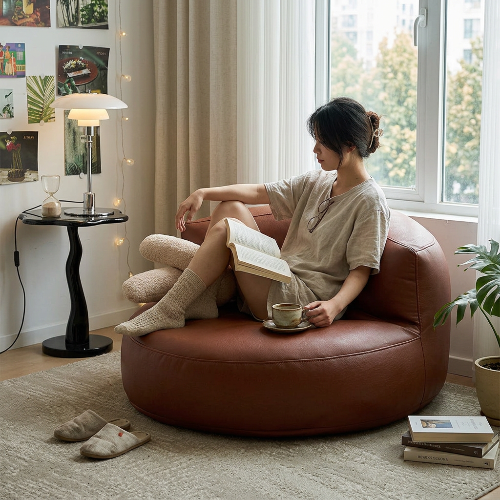 Scandinavian Microfiber Leather Round Curved Accent Chair For Living Room